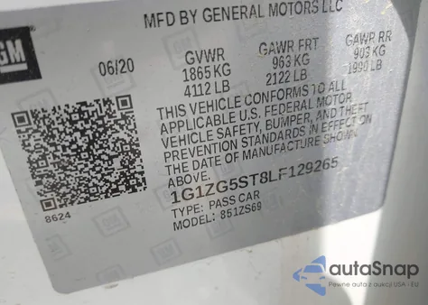 2020 Chevrolet Malibu Fwd Rs из США, поврежденный, VIN 1G1ZG5ST8LF129265